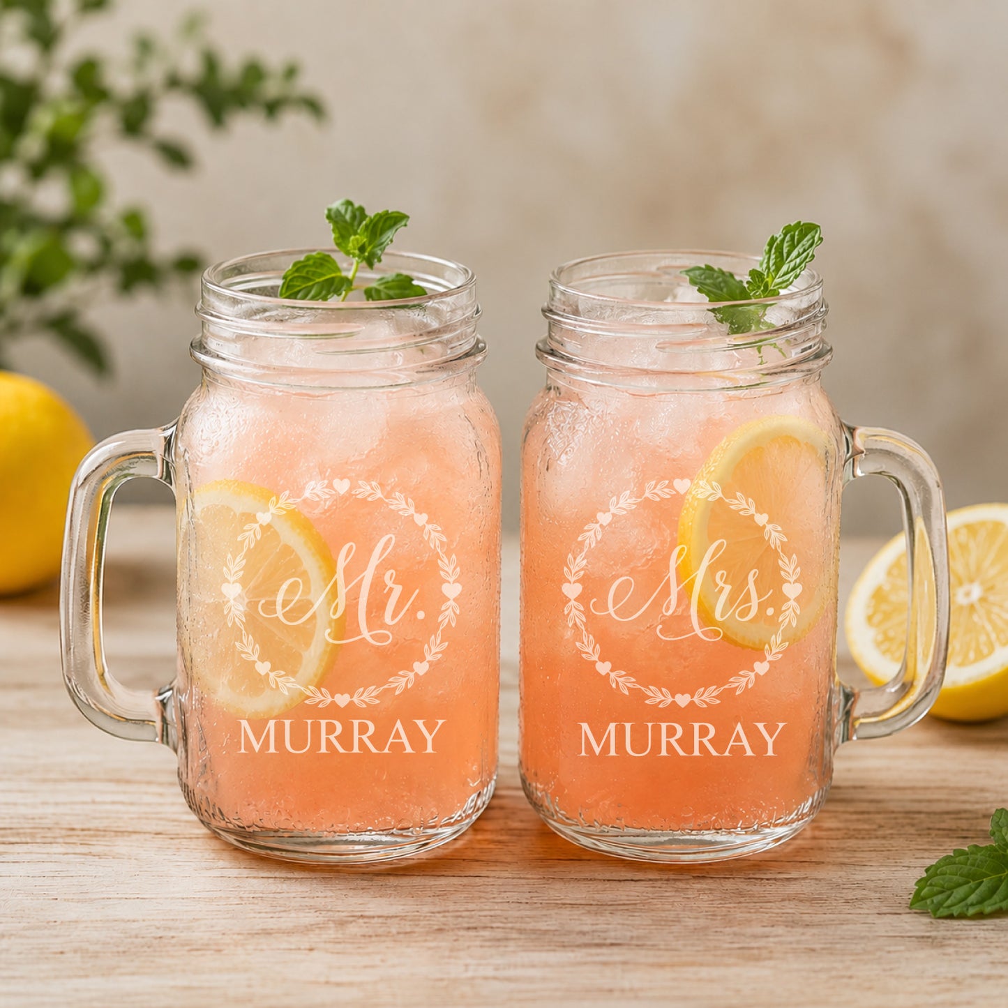 Engraved Mr. & Mrs. 16 oz Mason Mugs : Personalized Wedding Toasting Glasses (Set of 2)