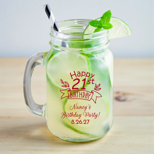 21st Birthday Personalized Mason Glass Mug (Set of 18)
