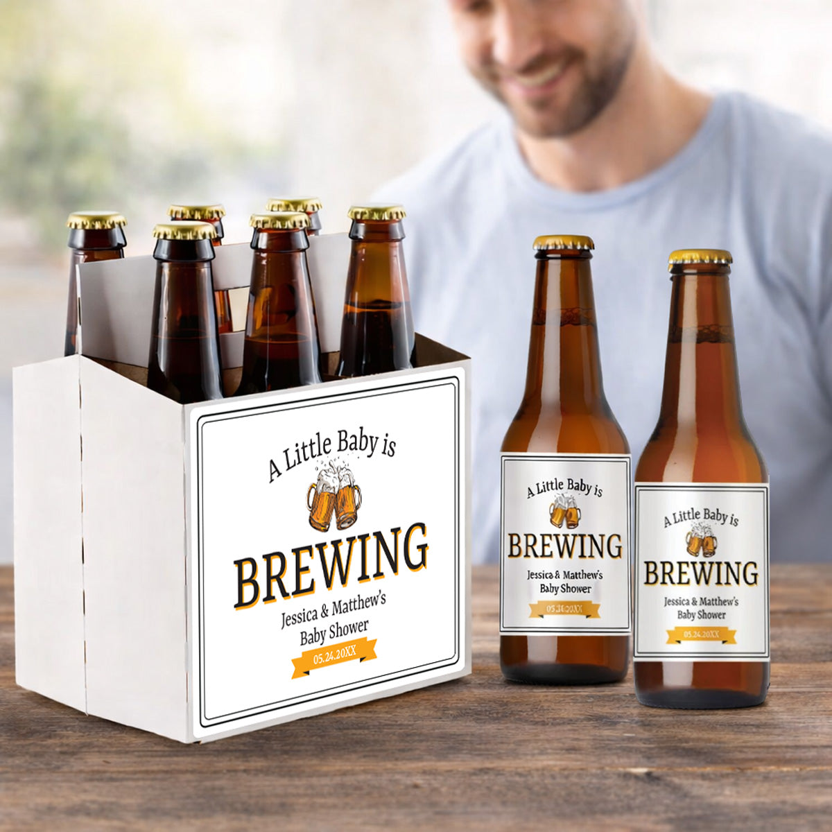 A Little Baby Is Brewing Baby Personalized Beer Bottle Labels & Bottle Carrier