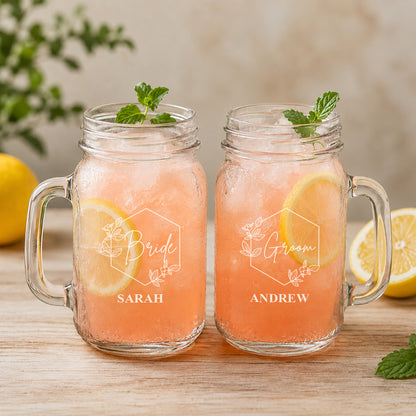 Engraved Bride and Groom 16 oz Mason Mugs : Personalized Wedding Toasting Glasses (Set of 2)