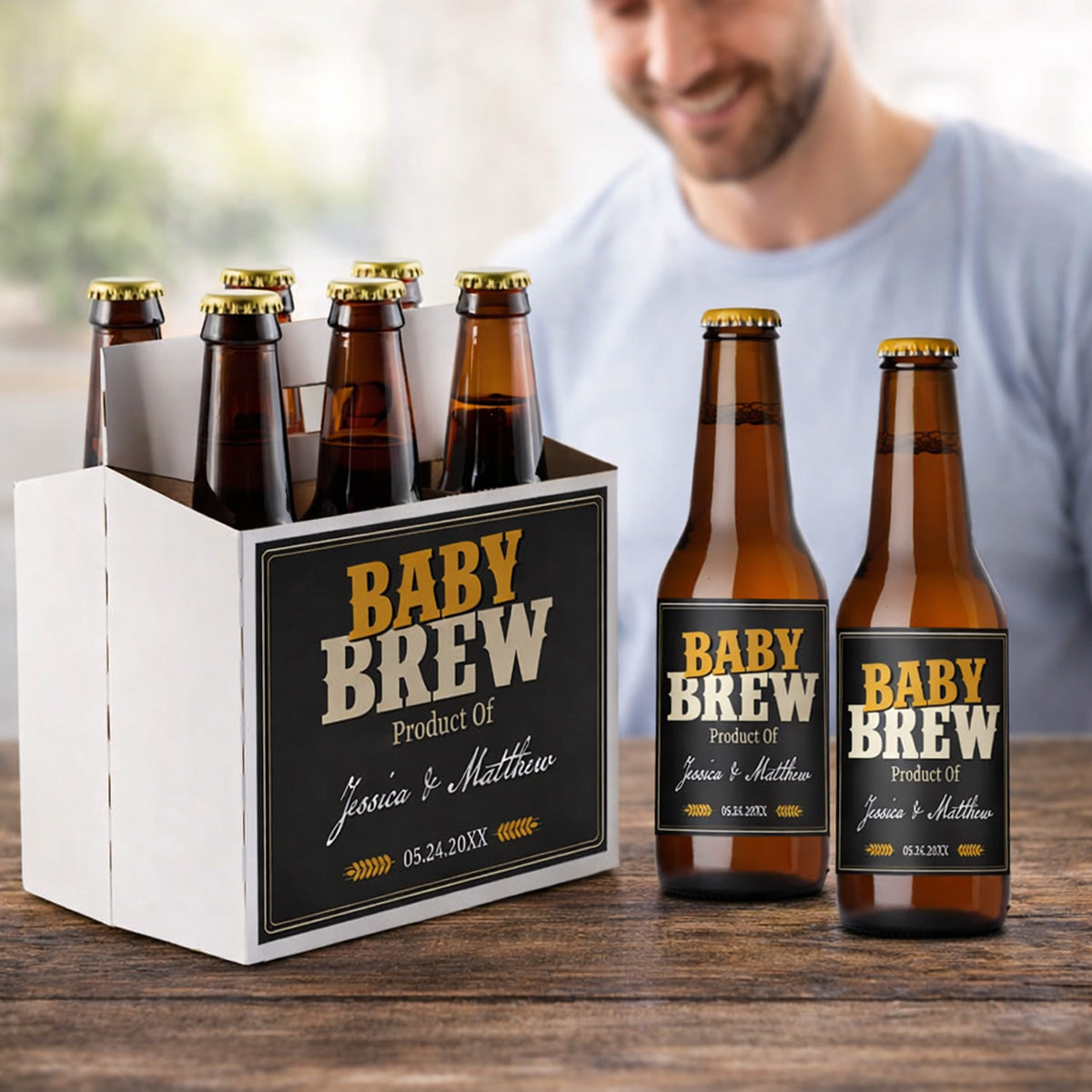 Baby Brew Personalized Beer Bottle Labels & Bottle Carrier