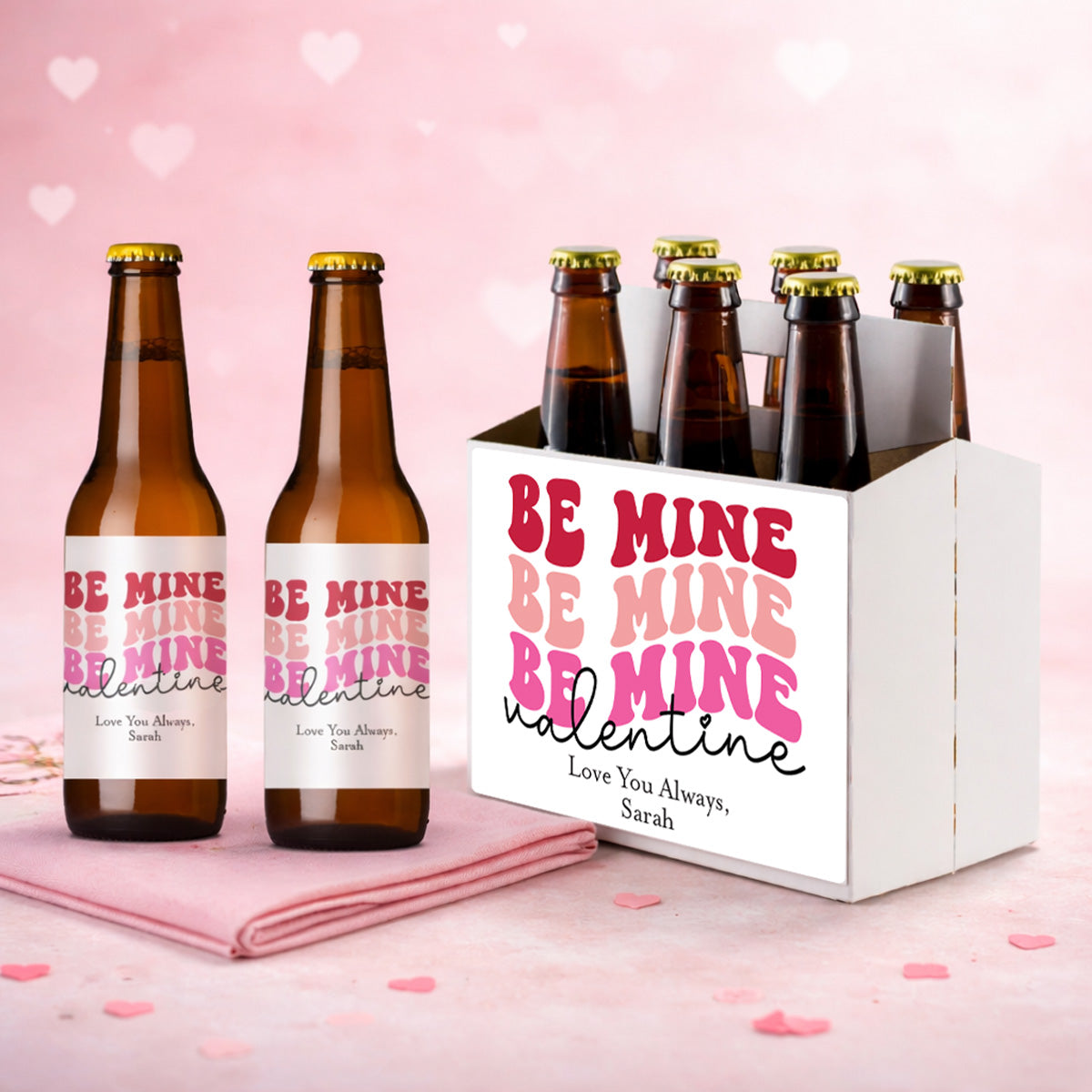 Be Mine Valentine Personalized Beer Bottle Labels & Bottle Carrier