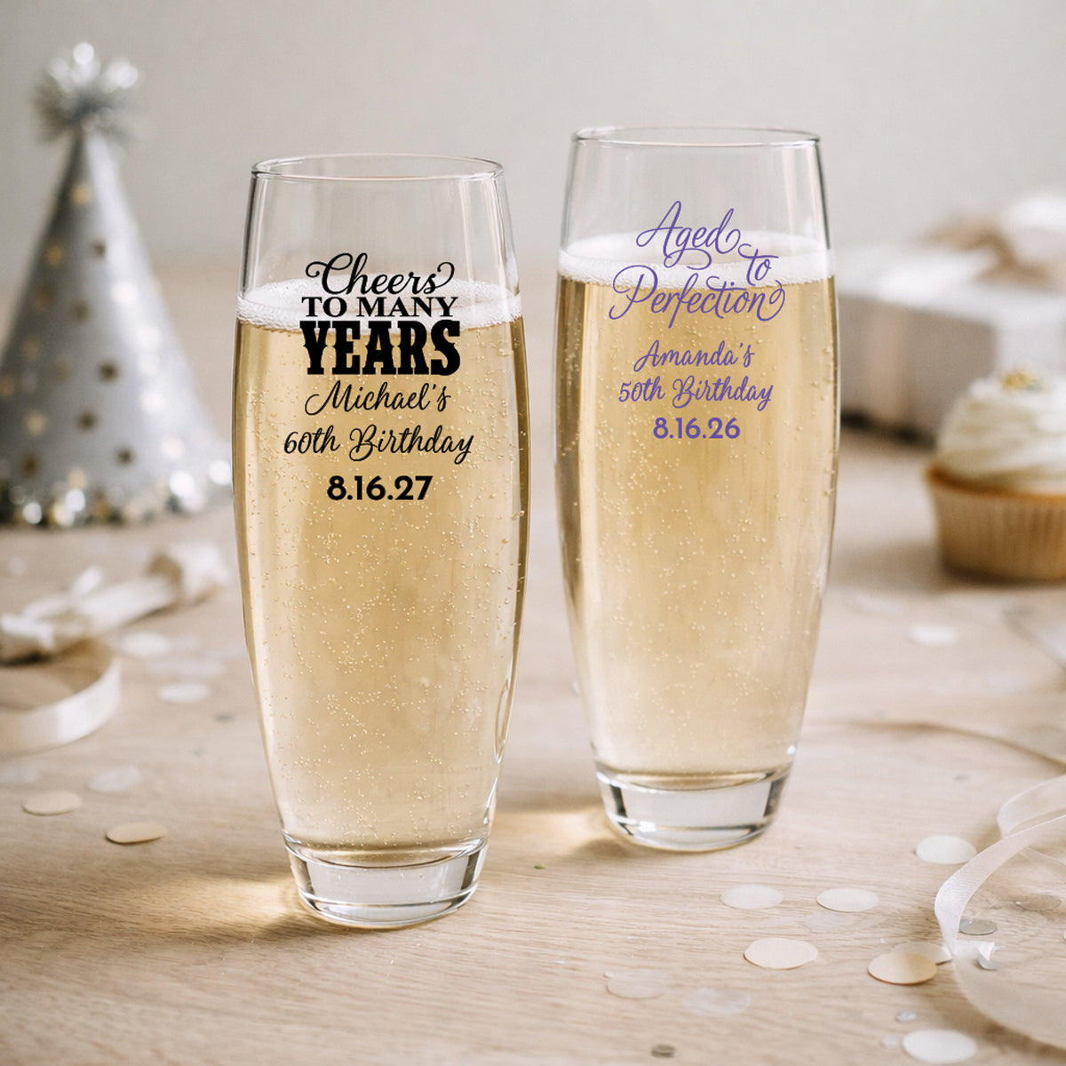 Adult Birthday Personalized 9 oz. Stemless Champagne  Glass (Set of 24)