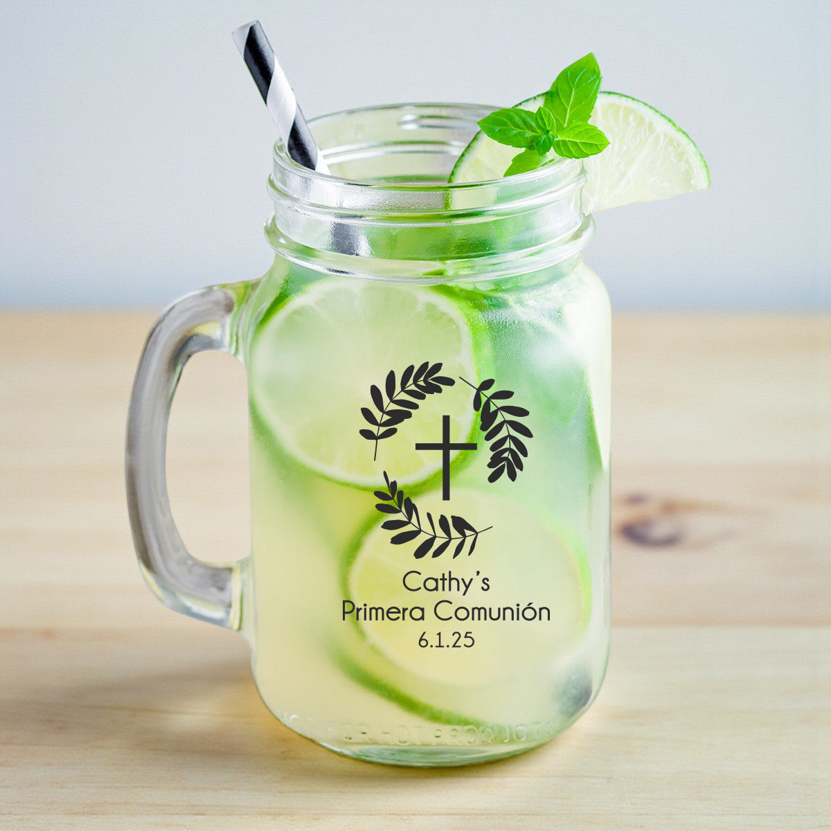 Botanical Greenery First Communion Personalized Mason Glass Mug (Set of 18)