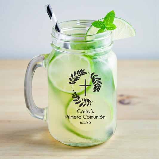 Botanical Greenery First Communion Personalized Mason Glass Mug (Set of 18)