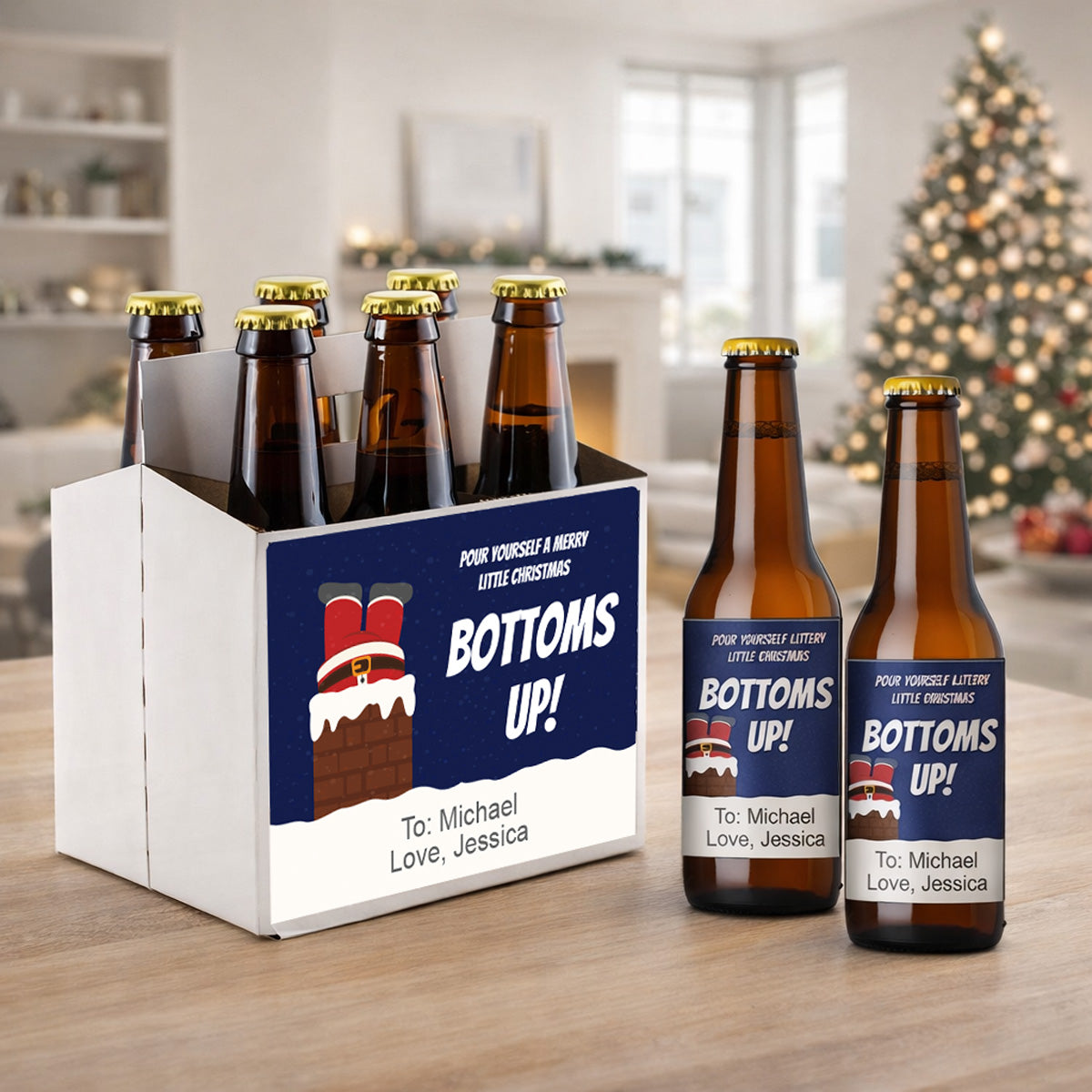 Bottoms Up Pour Yourself A Merry Christmas Personalized Beer Bottle Labels & Bottle Carrier