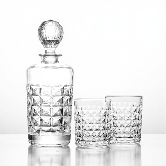 Diamond Whiskey Decanter with Glasses Gift Set by Memories and Effects - Set of 3
