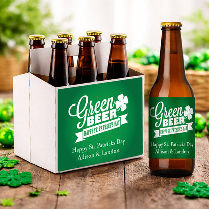 Green Beer Happy St. Patrick's Day Personalized Beer Bottle Labels & Bottle Carrier
