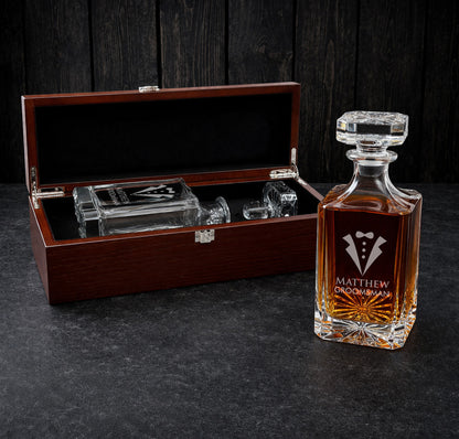 Tux Groomsman Best Man Personalized Whiskey Decanter Set