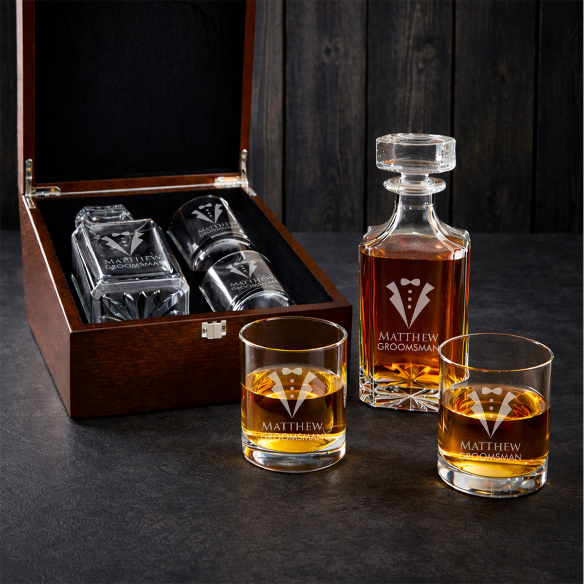 Tux Groomsman Best Man Personalized Whiskey Decanter Set