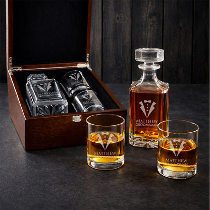 Tux Groomsman Best Man Personalized Whiskey Decanter Set