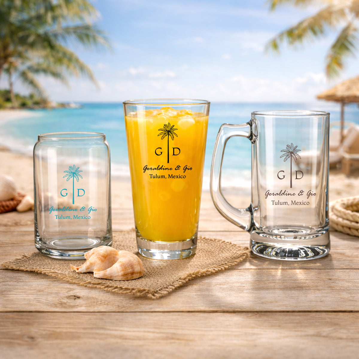 Palm Tree Initials Personalized Pint Beer Glass (Set of 18)