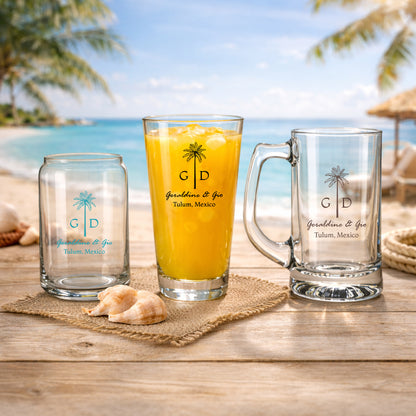Palm Tree Initials Personalized Pint Beer Glass (Set of 18)