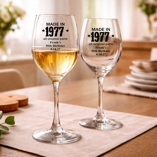 Made In Year All Original Parts Personalized Wine Glass with Stem (Set of 24)