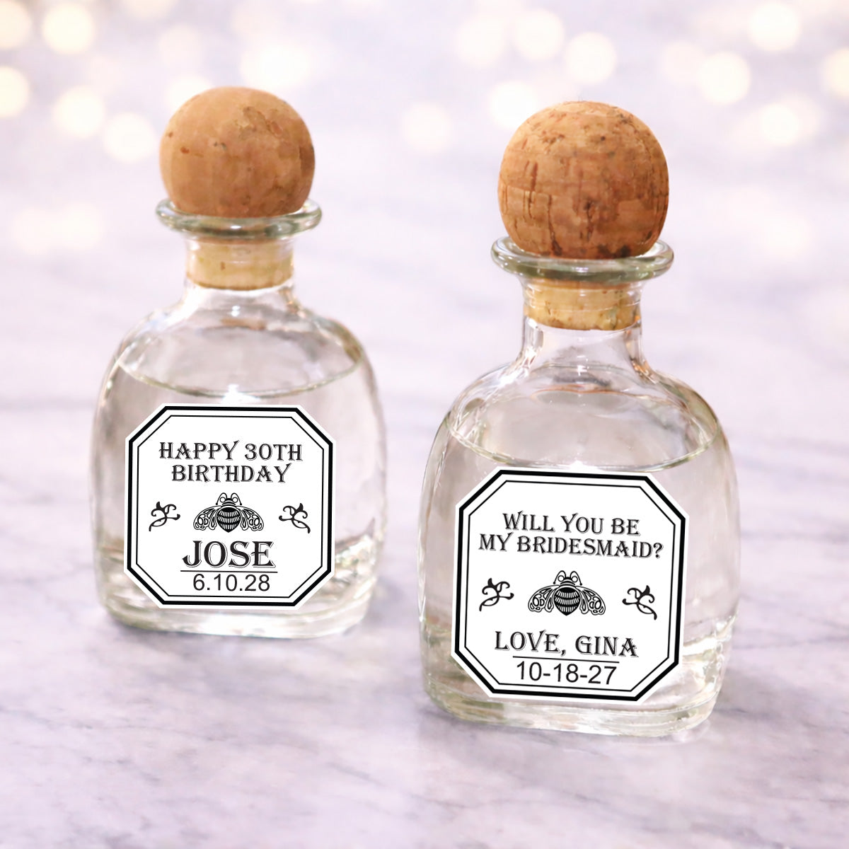 Mini Patron Bottle Personalized Labels – Wedding, Birthday & Bridal Shower Stickers (Set of 16)