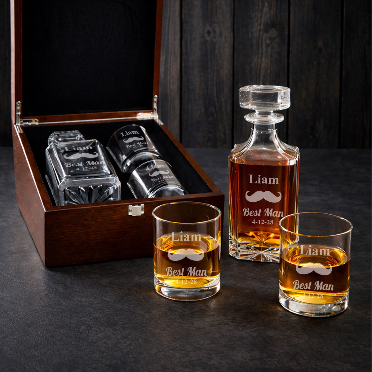 Mustache Groomsman Best Man Personalized Whiskey Decanter Set
