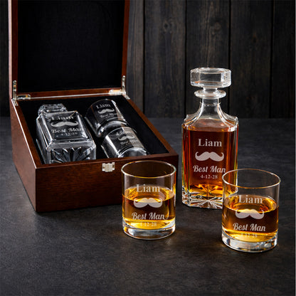 Mustache Groomsman Best Man Personalized Whiskey Decanter Set