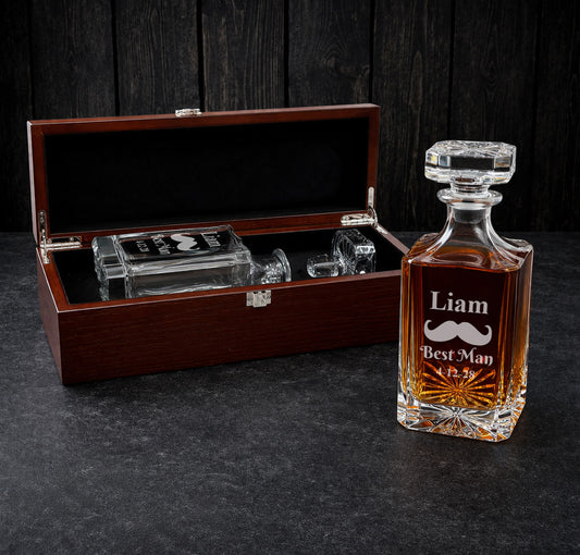 Mustache Groomsman Best Man Personalized Whiskey Decanter Set