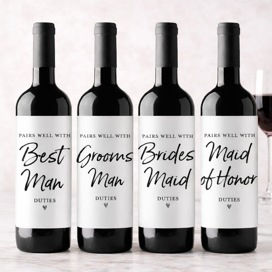 Pairs Well With Bridal Party Duties Wine Labels, Set of 12
