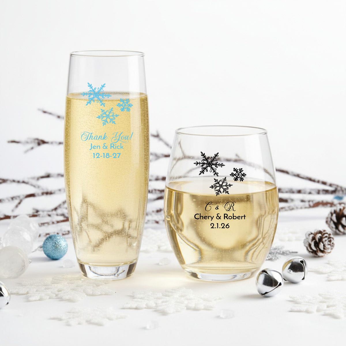 Snowflakes Personalized 9 oz. Stemless Glass (Set of 24)