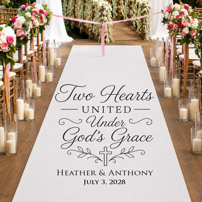 Two Hearts United Under God Personalized Wedding Aisle Runner