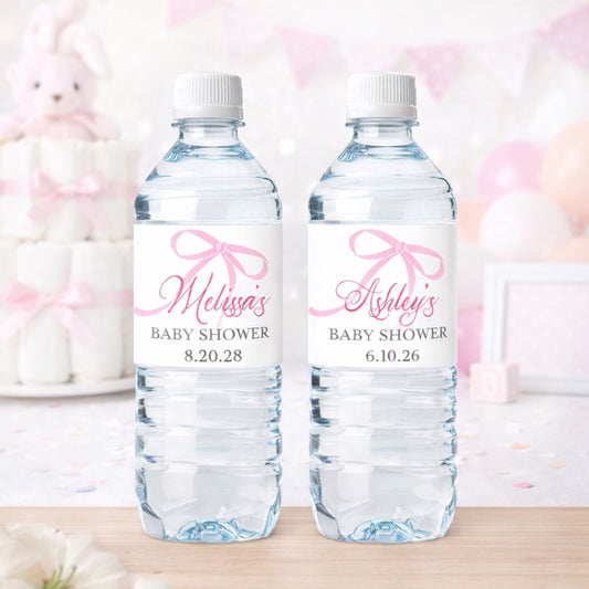 Pink Bow Baby Shower Personalized Water Bottle Labels (Set of 12)