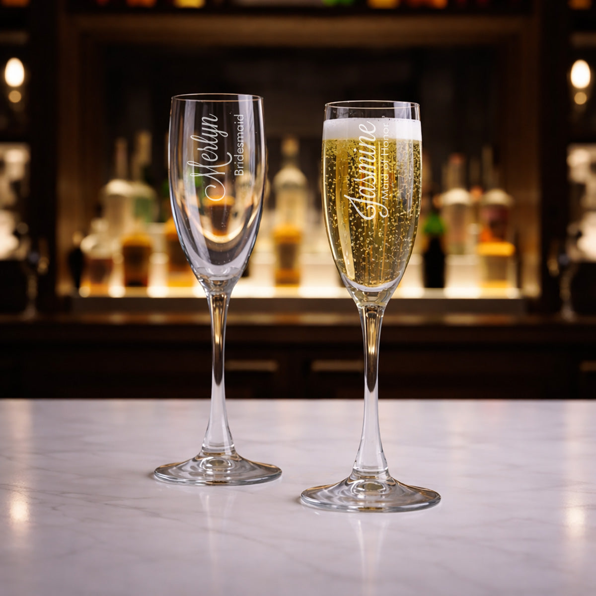 Bridesmaid Personalized Champagne Glasses (Set of 6 – Individual Names)