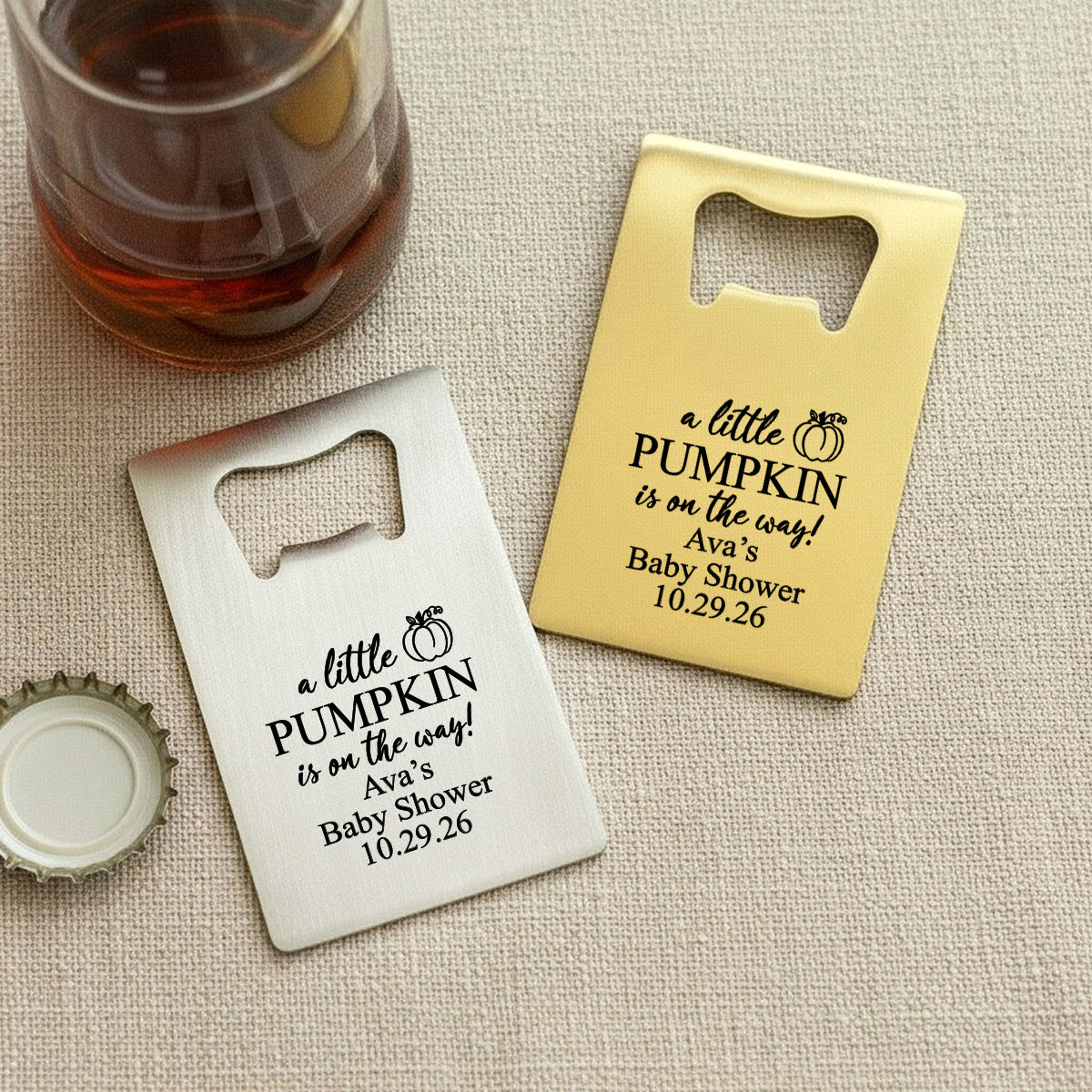 A Little Pumpkin Is On The Way Personalized Credit Card Bottle Opener (Set of 24)