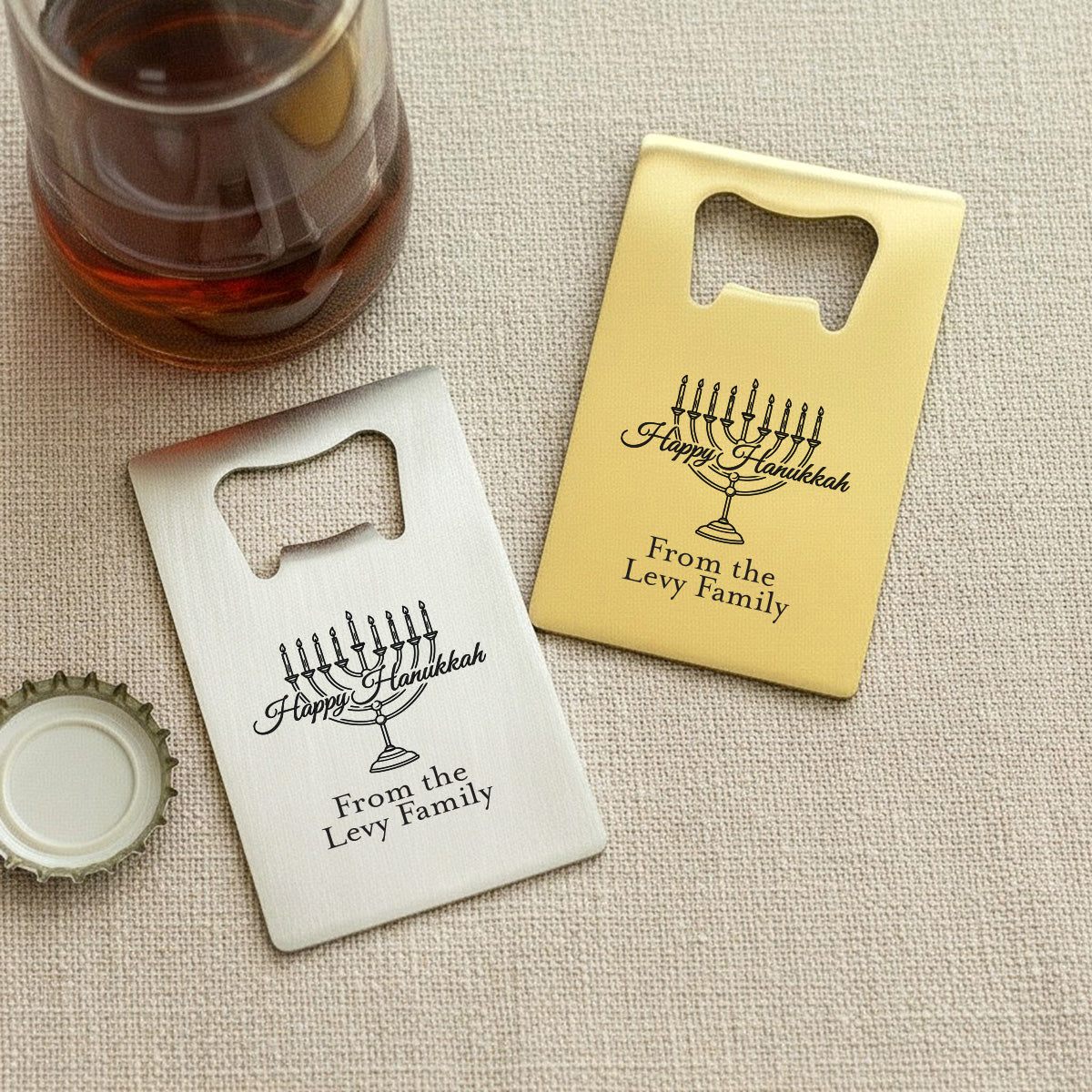 Happy Hanukkah Personalized Gold Credit Card Bottle Opener (Set of 24)