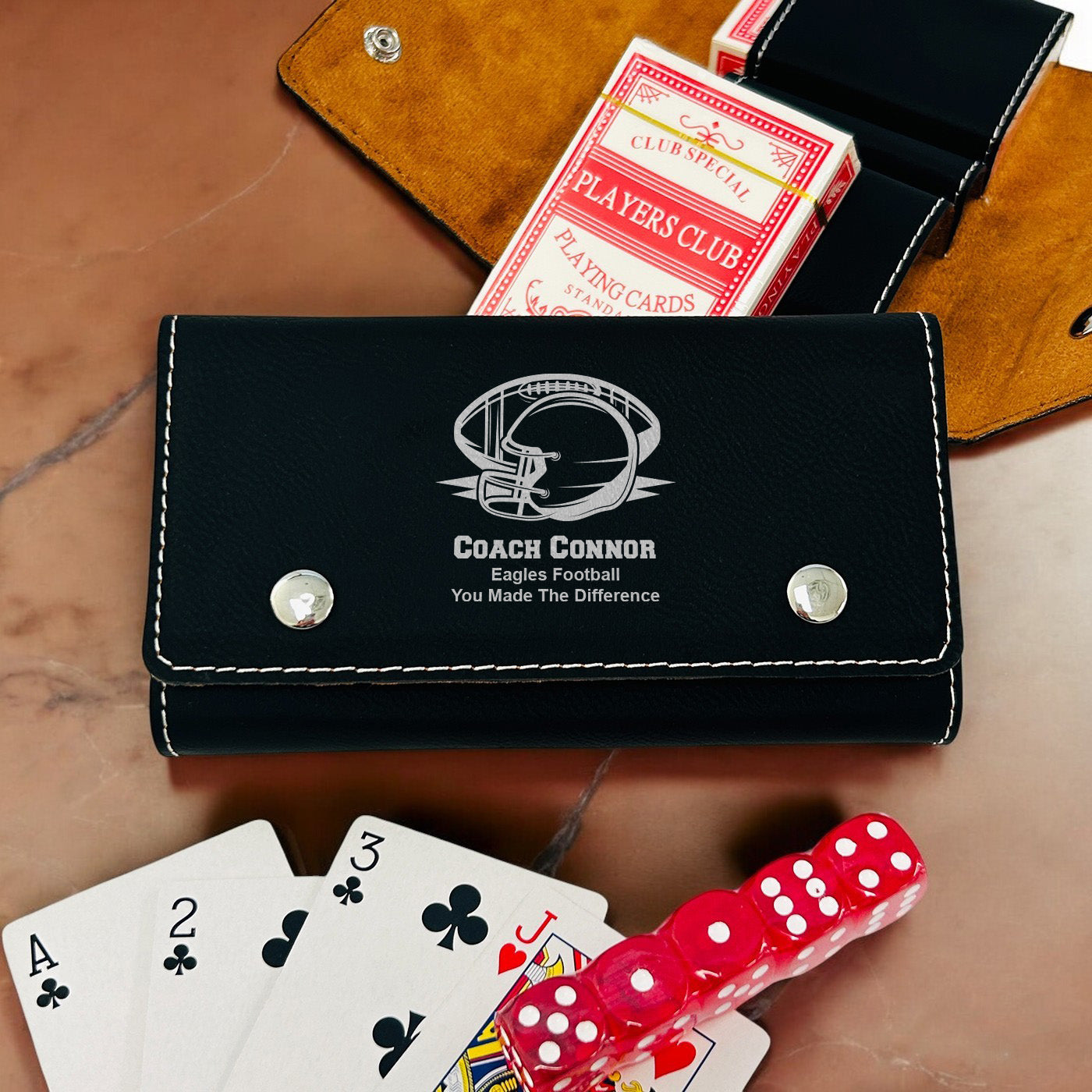 Football Personalized Leather Travel Case with Playing Cards and Dice Set