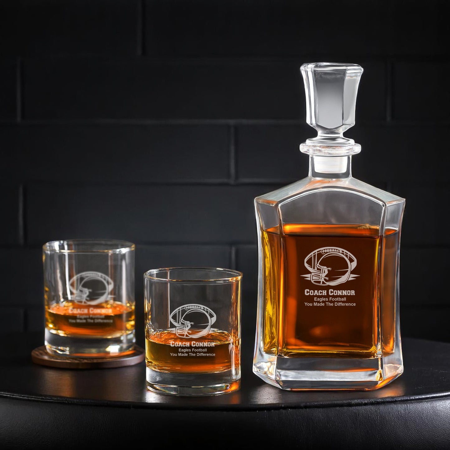 Football Personalized Whiskey Decanter with Whiskey Rocks Glasses Set - 3pc