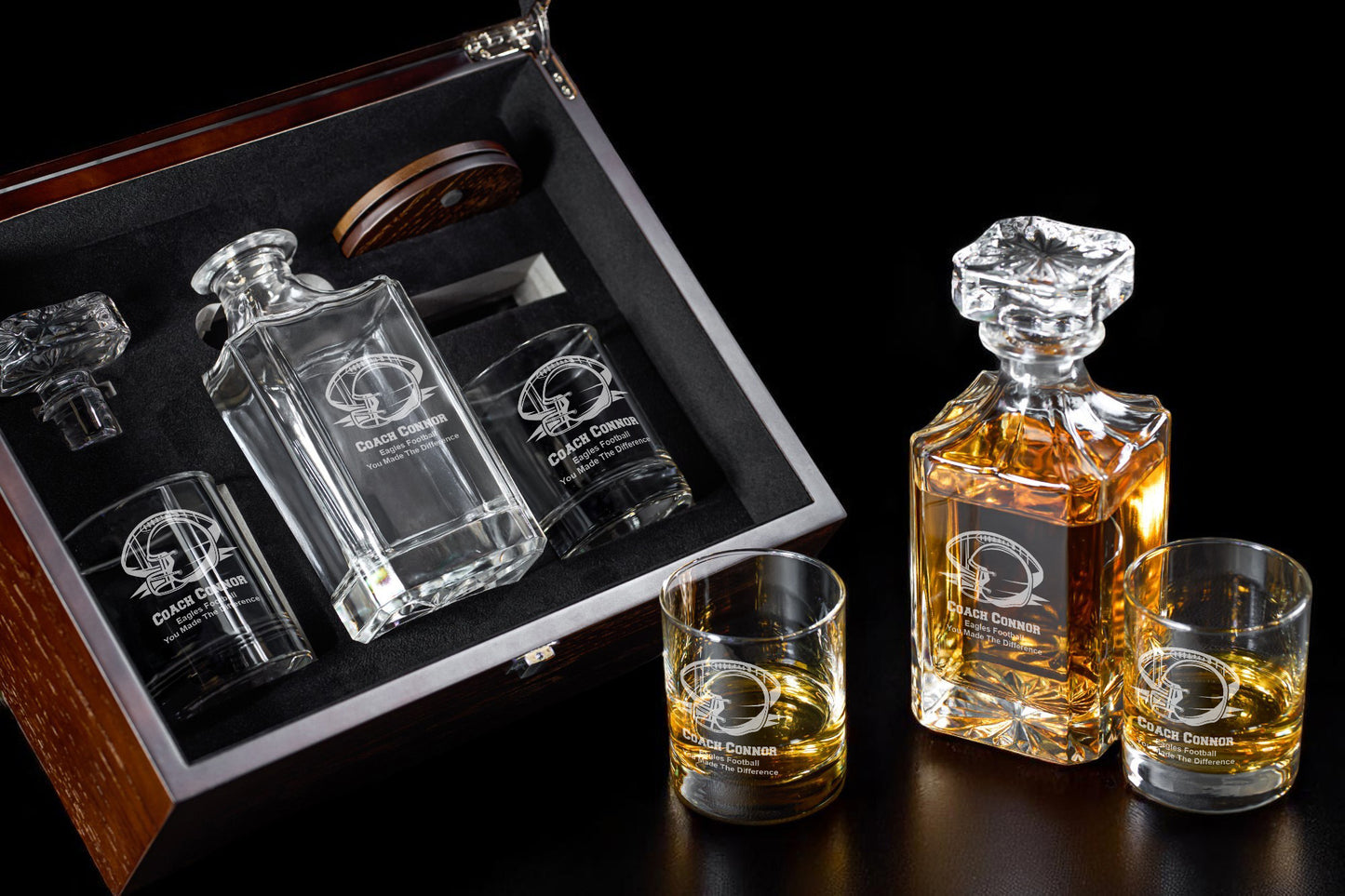 Football Personalized Classic Whiskey Decanter with Whiskey Glasses