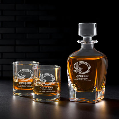 Football Personalized Whiskey Decanter with Whiskey Rocks Glasses Set - 3pc