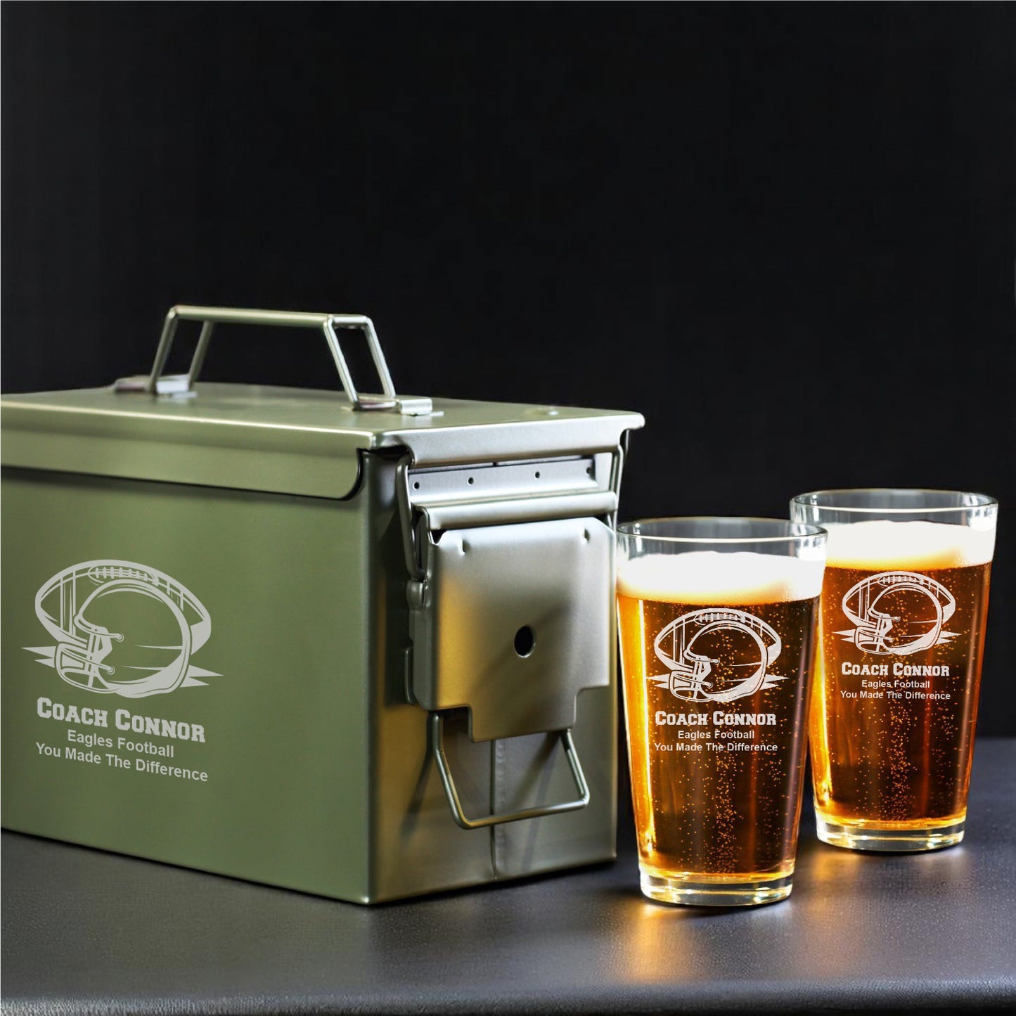 Football Personalized 50 Caliber Ammo Box with Pint Glasses Set - 3pc