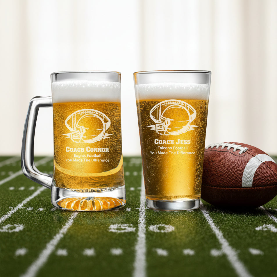 Football Personalized Beer Mug and Beer Pint Glass Set