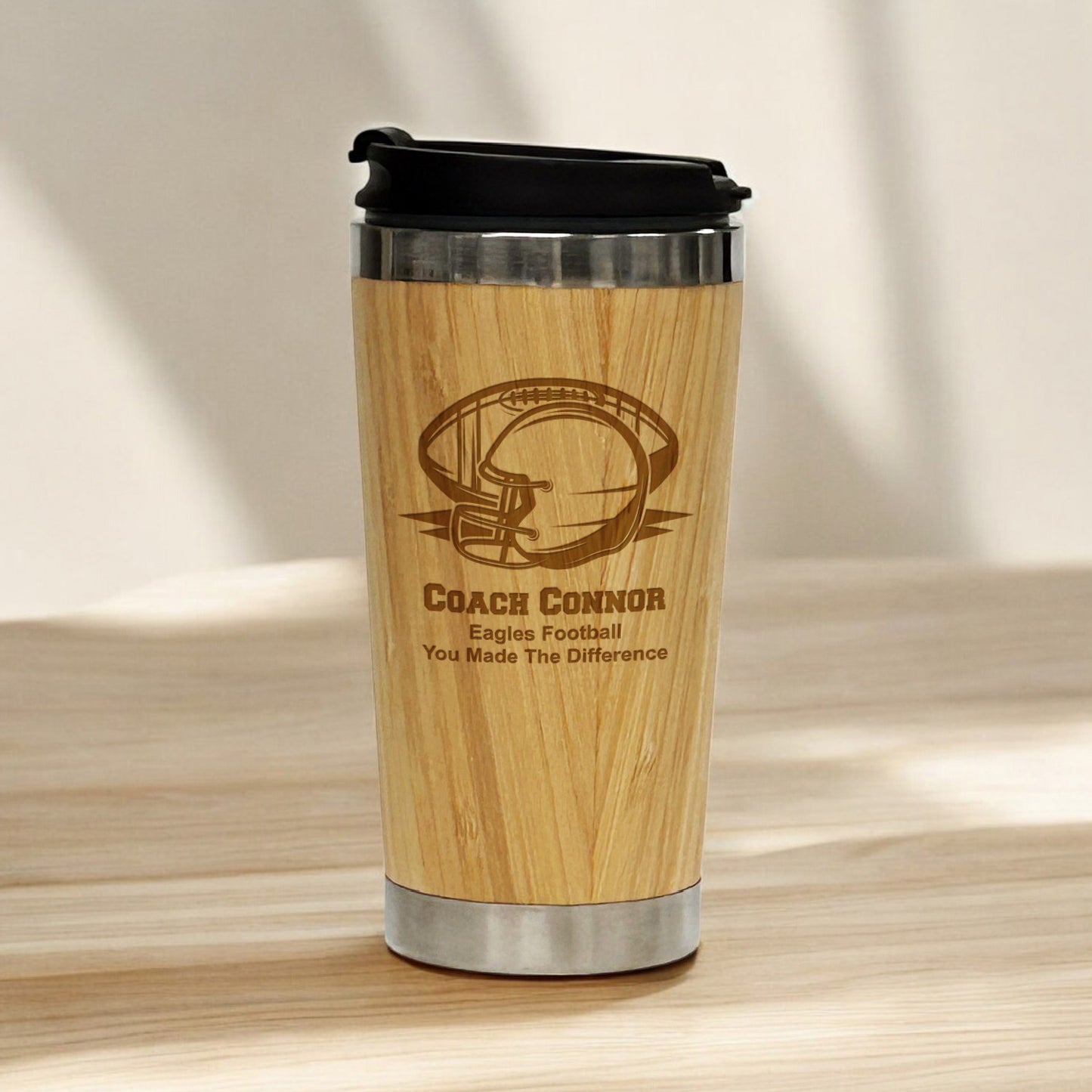 Football Personalized 15 oz Bamboo Stainless Steel Tumbler