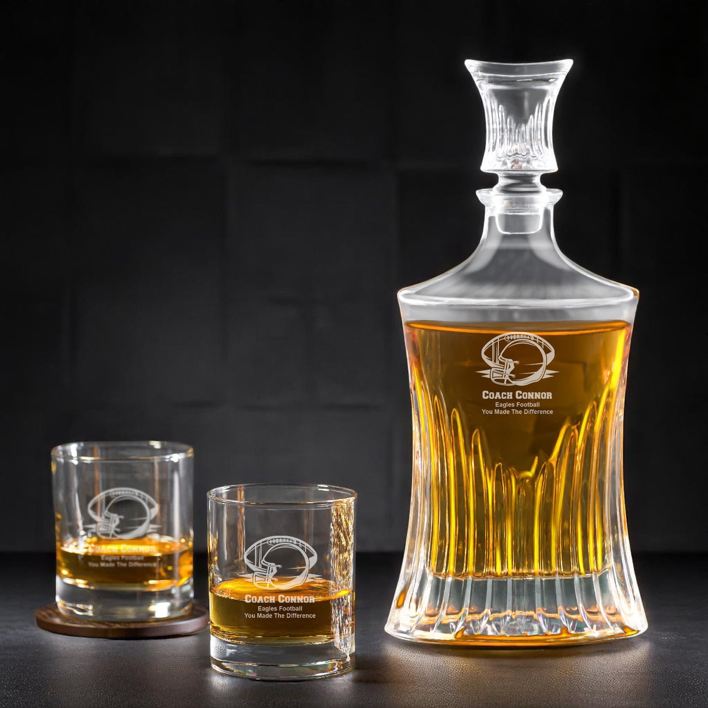 Football Personalized Whiskey Decanter with Whiskey Rocks Glasses Set - 3pc