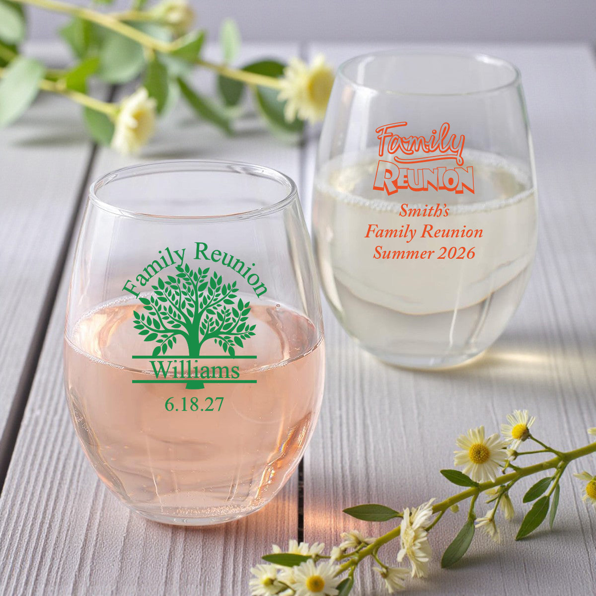 Family Reunion Personalized 9 oz. Stemless Wine Glass (Set of 24)