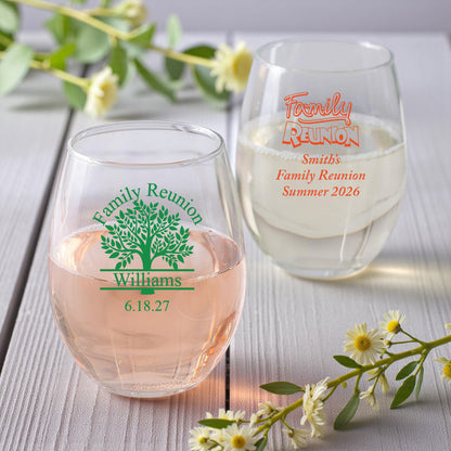 Family Reunion Personalized 9 oz. Stemless Wine Glass (Set of 24)
