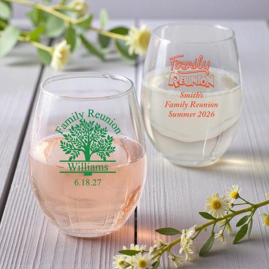 Family Reunion Personalized 9 oz. Stemless Wine Glass (Set of 24)