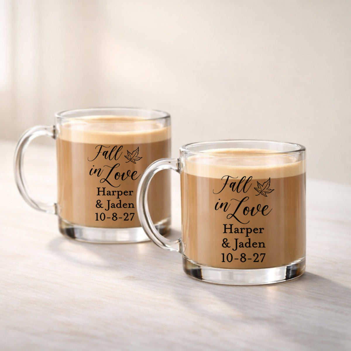 Fall In Love Personalized Clear Glass Coffee Mug (Set of 18)