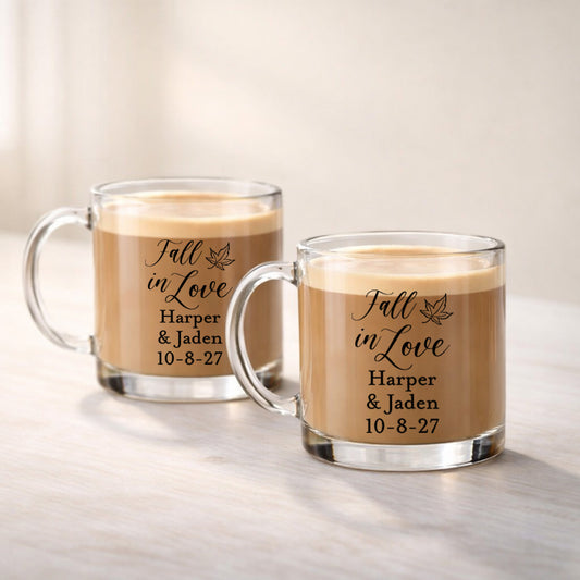 Fall In Love Personalized Clear Glass Coffee Mug (Set of 18)