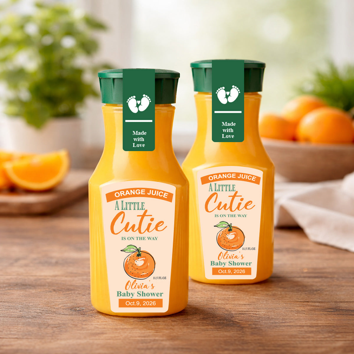 Little Cutie is on the Way Personalized Die-Cut Orange Juice Favor Labels (Set of 12)