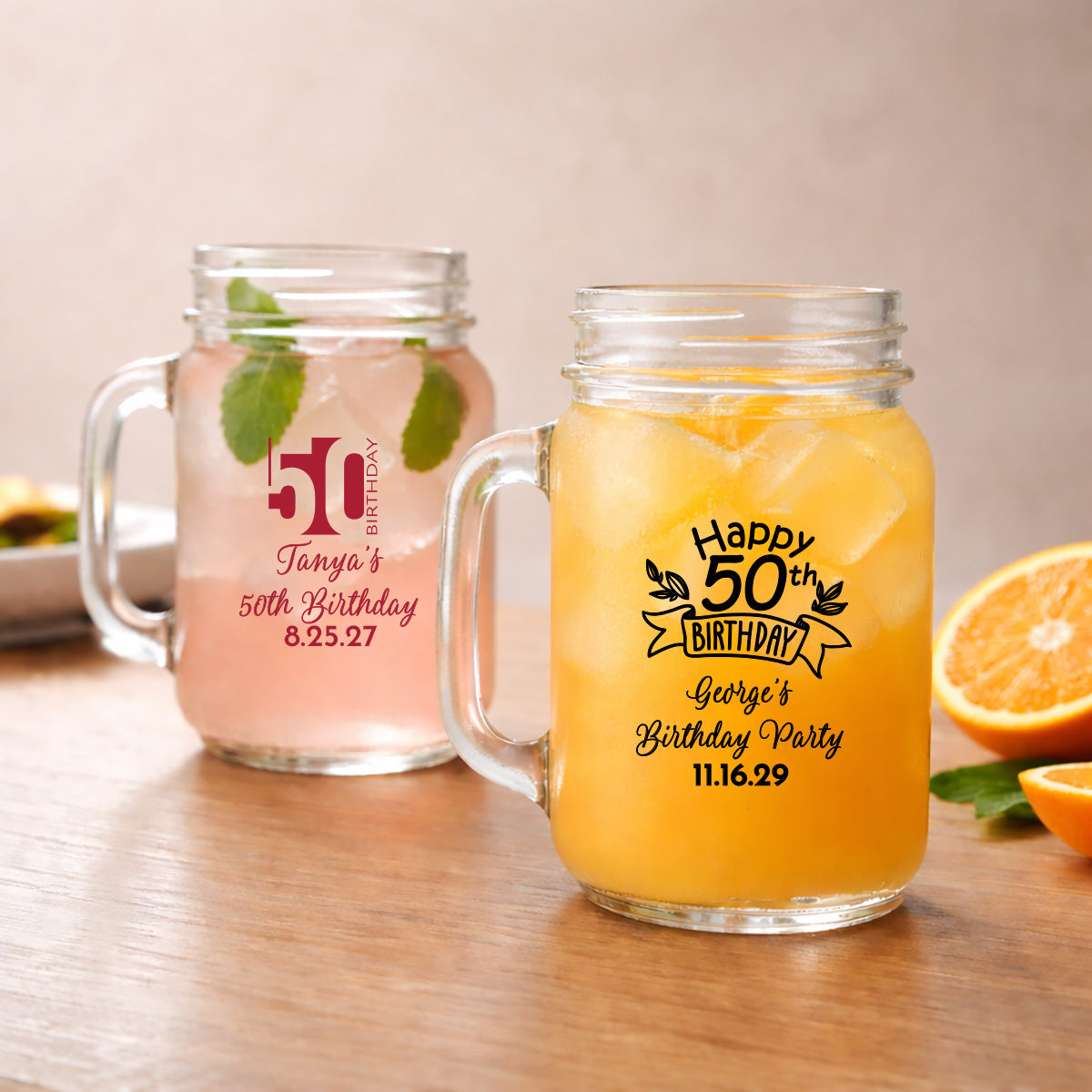 50th Birthday Personalized Mason Glass Mug (Set of 24)