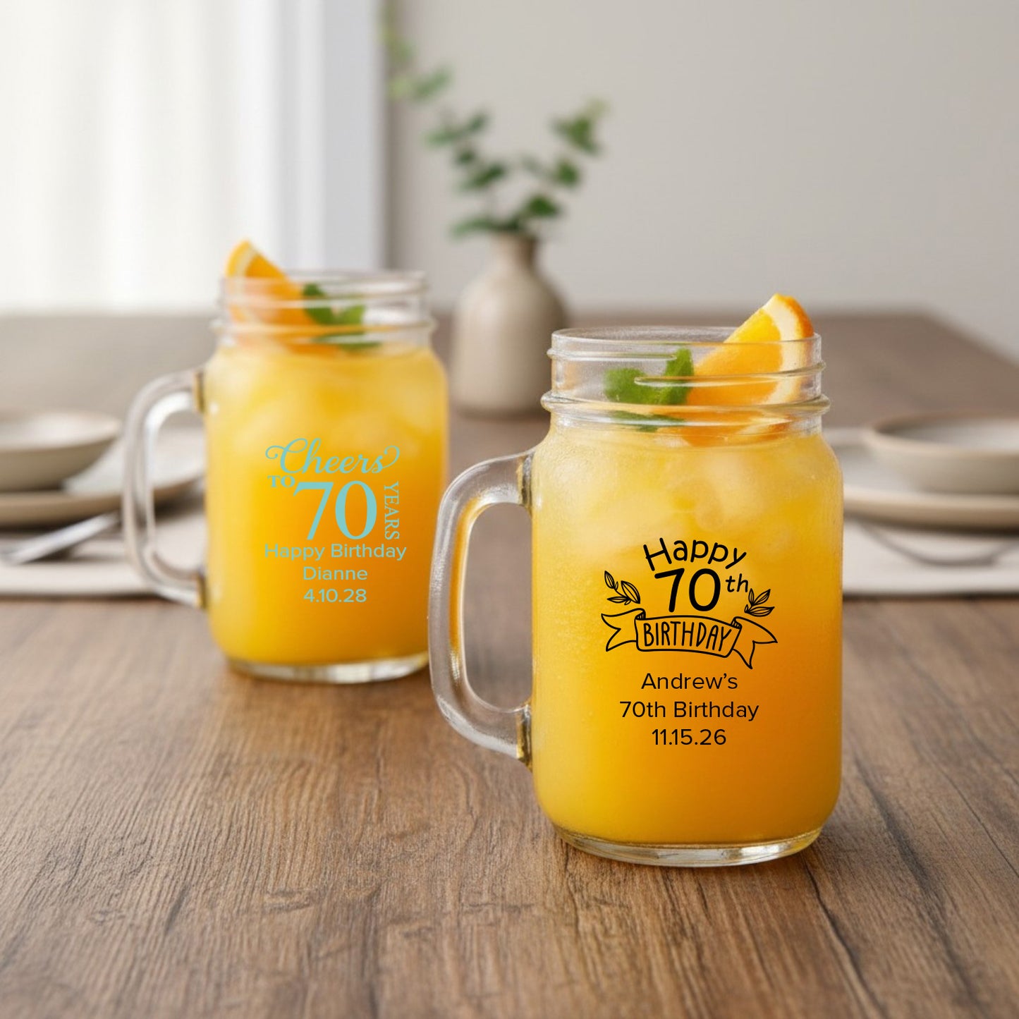 70th Birthday Personalized Mason Glass Mug (Set of 24)