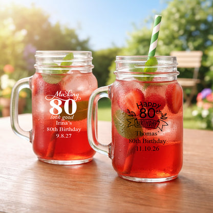 80th Birthday Personalized Mason Glass Mug (Set of 24)