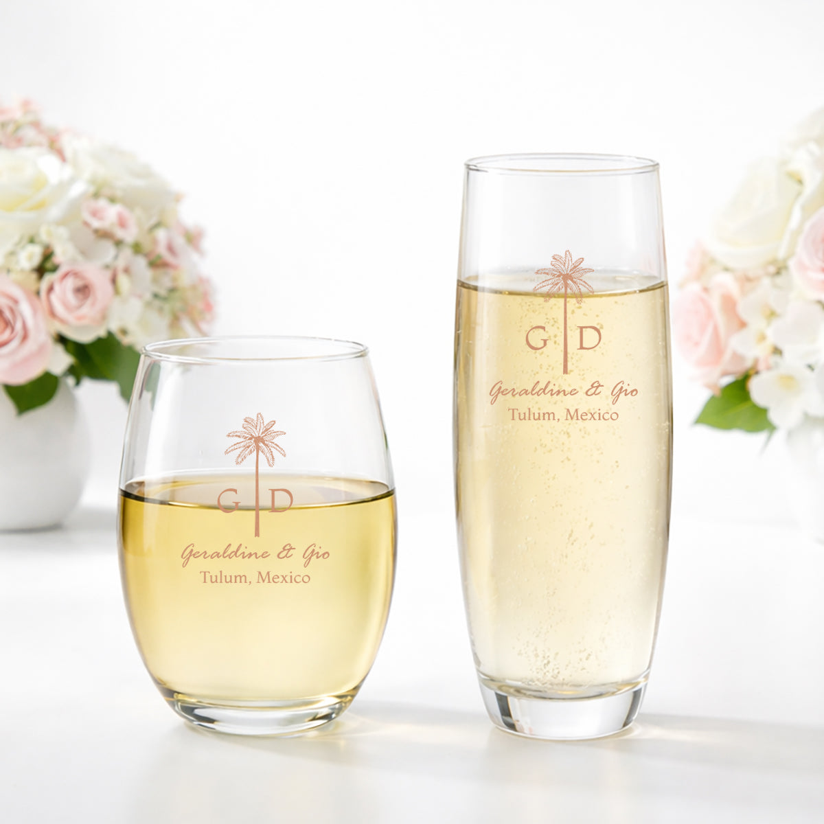 Palm Tree Initials Personalized 9 oz. Stemless Wine or Champagne Glass (Set of 24)