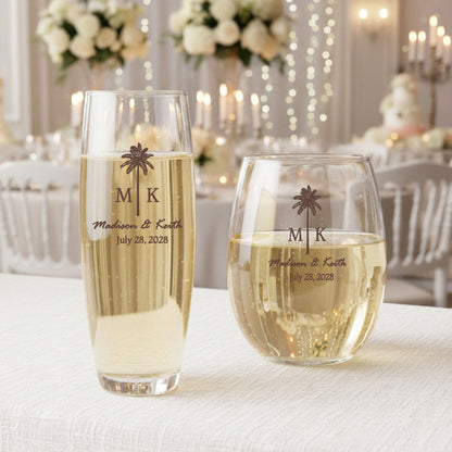 Palm Tree Initials Personalized 9 oz. Stemless Wine or Champagne Glass (Set of 24)