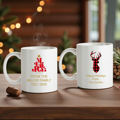 Holiday Christmas Personalized White Ceramic Coffee Mug (Set of 12)