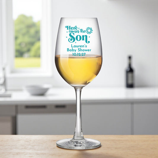 Here Comes The Son Personalized Wine Glass with Stem (Set of 24)